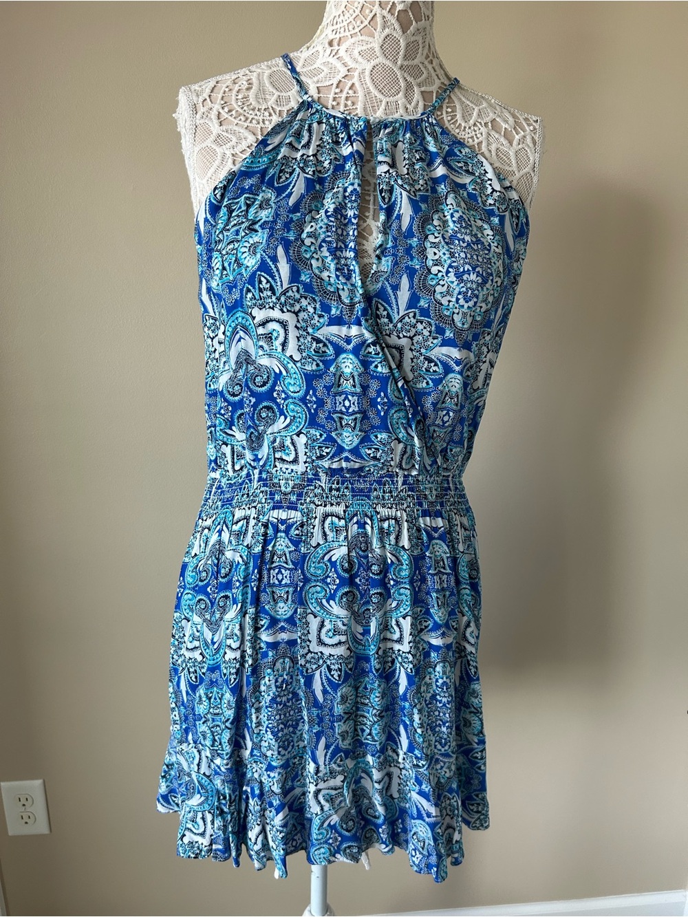 Parker Blue Paisley Halter Mini Dress